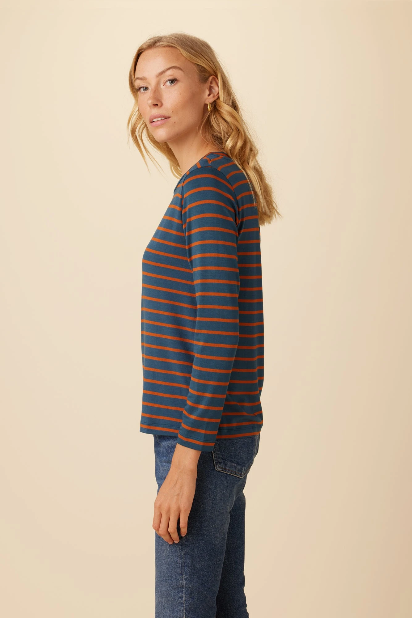 Berkeley Long Sleeve Dream Knit Tee - Azure Umber Stripe 2 Berkeley Long Sleeve Dream Knit Tee - Azure Umber Stripe - Image 2