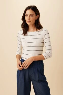 Francoise 3/4 Sleeve Dream Knit Tee - White Havana Stripe