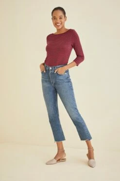 Francoise 3/4 Sleeve Dream Knit Tee - Barn Red Navy -NovaWear Shop 1005 3Q Slv Francoise Barn Red Navy 1589 web