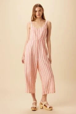 Taya Linen Jumpsuit - Rust Natural Stripe