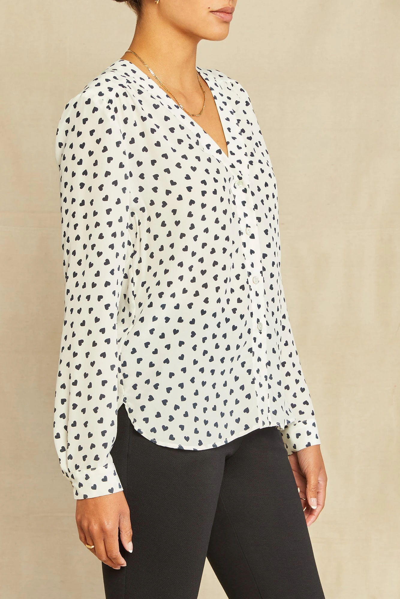 Kaya Washable Silk Blouse - Heart Ivory Navy Print 3 Kaya Washable Silk Blouse - Heart Ivory Navy Print - Image 3