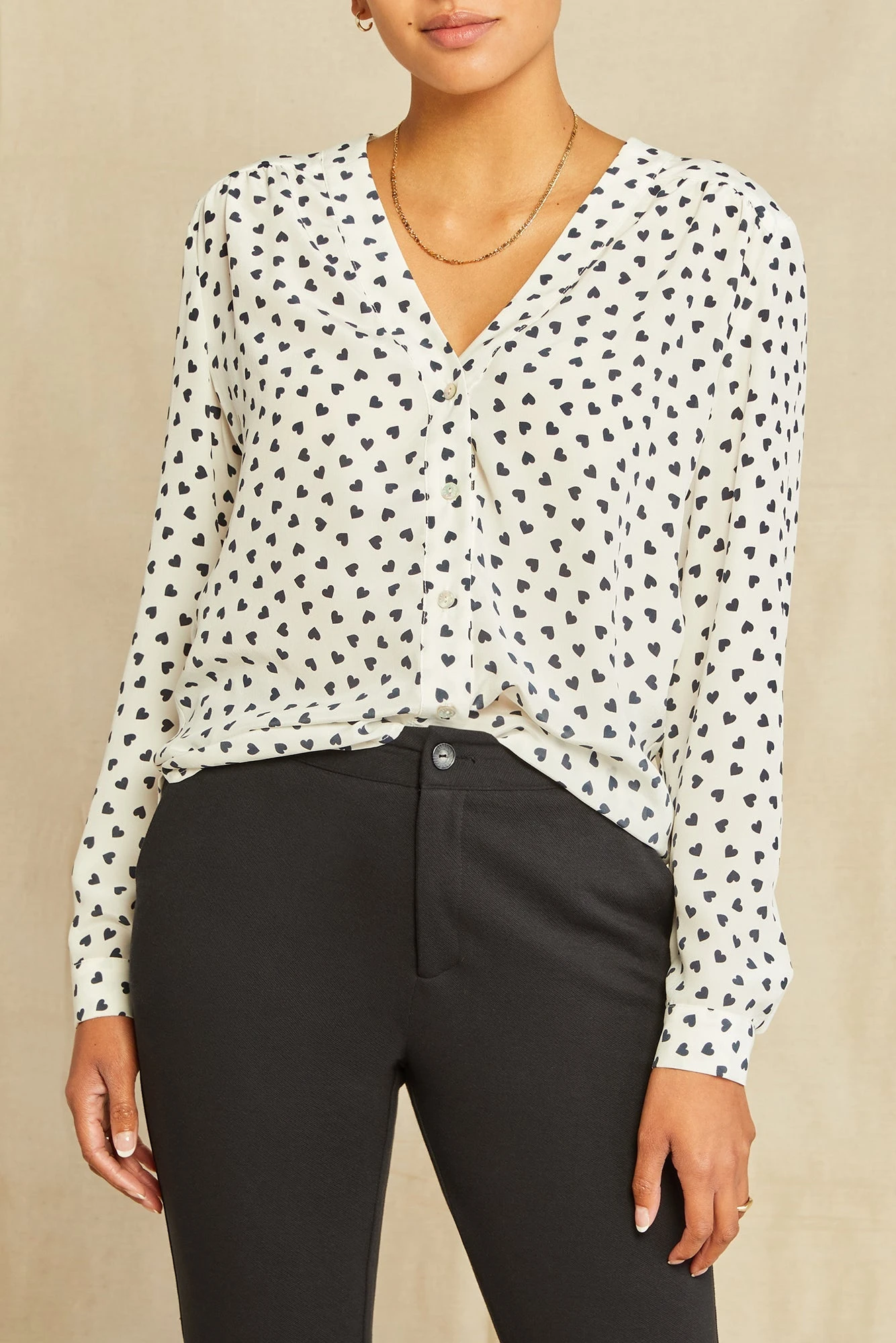 Kaya Washable Silk Blouse - Heart Ivory Navy Print 1 Kaya Washable Silk Blouse - Heart Ivory Navy Print